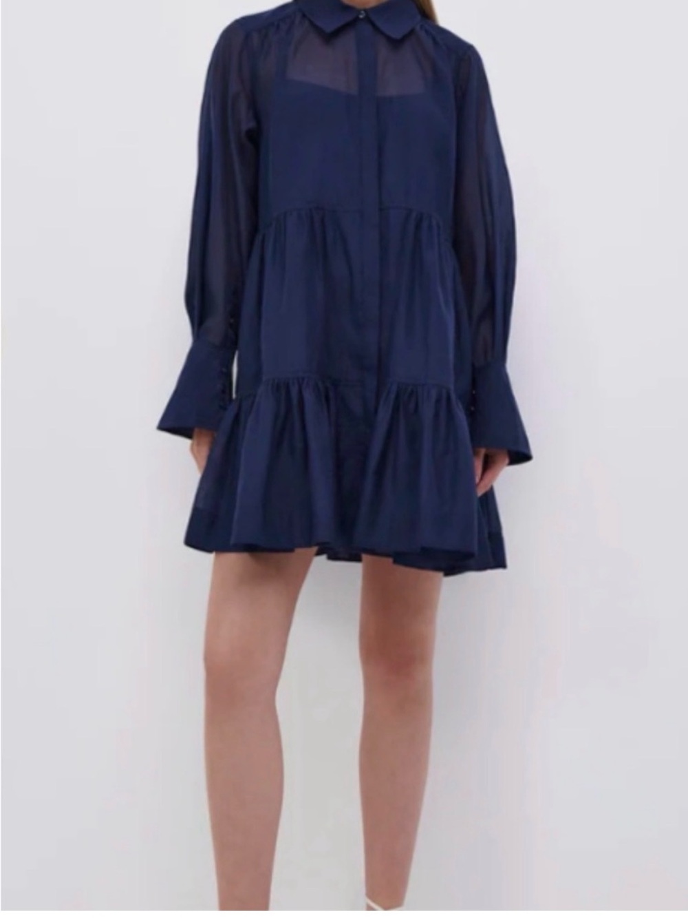 Jonathan Simkhai Tiered Sheer Mini Shirt Dress Navy Charcoal Size L